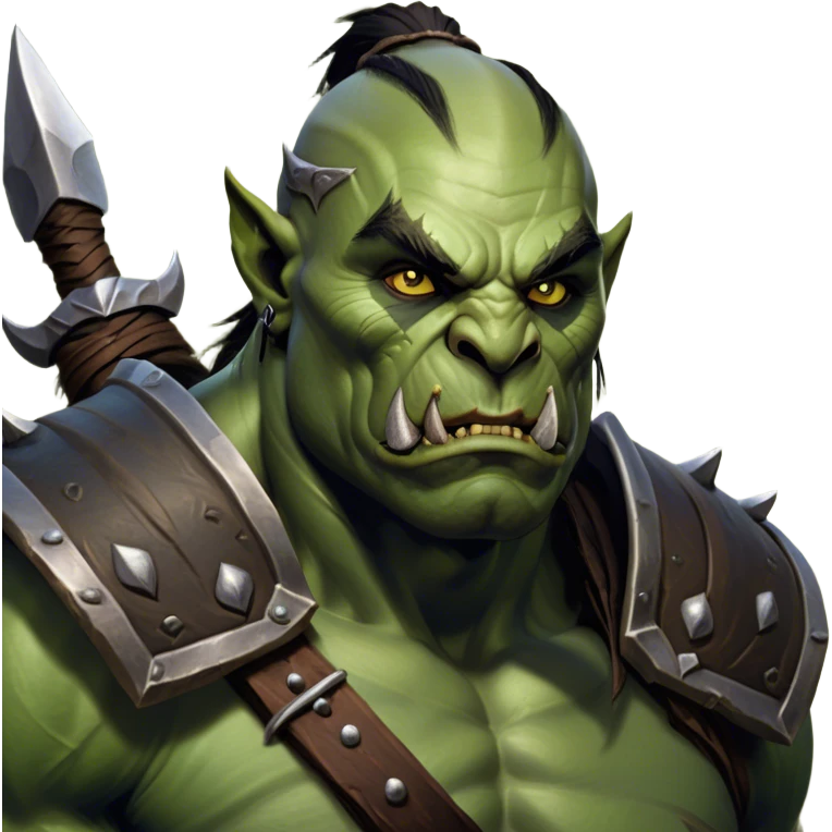 Cinematic Realistic WoW Orc Warrior Portrait, head tilted epicly and inquisitively, showcasing a commanding presence and raw, unyielding power. His battle-hardened green skin and muscular form, accented by meticulously crafted tribal armor in deep earthy hues, are rendered with lifelike clarity and dynamic lighting, high shine, epic and awe-inspiring, embodying the relentless spirit of an orc warrior ready for battle. emoji
