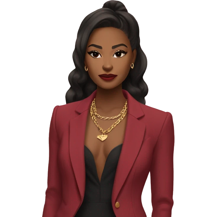 	•	Outfit: Deep red suit, gold necklace, pink clutch.
	•	Hair: Black, half-up with red bow, voluminous.
	•	Skin: Warm tan, smooth.
	•	Features: Defined brows, almond eyes, sharp jawline.
	•	Makeup: Winged liner, nude lips, soft blush. emoji