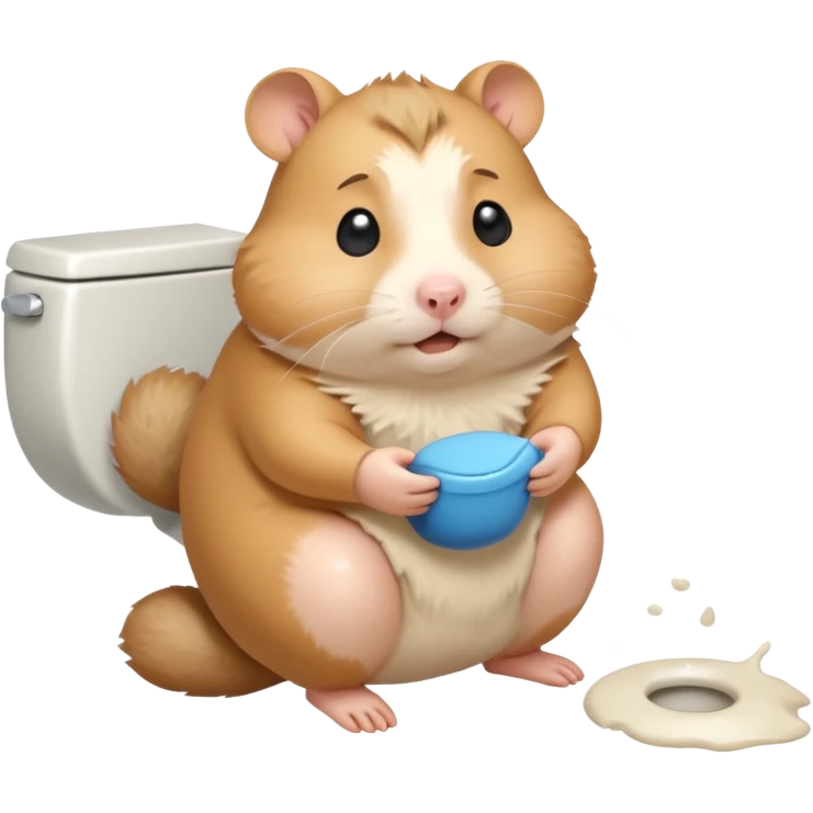 Cute chubby cartoon-style hamster sitting on toilet pooping looking as if he had an accident emoji