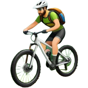 An icon showing a mountain bike with thick tires on a forest trail, surrounded by trees and natural terrain. The background features a lush green forest with sunlight filtering through the branches, and a winding path ahead. Transparent background highlights the  adventure of mountain biking. emoji