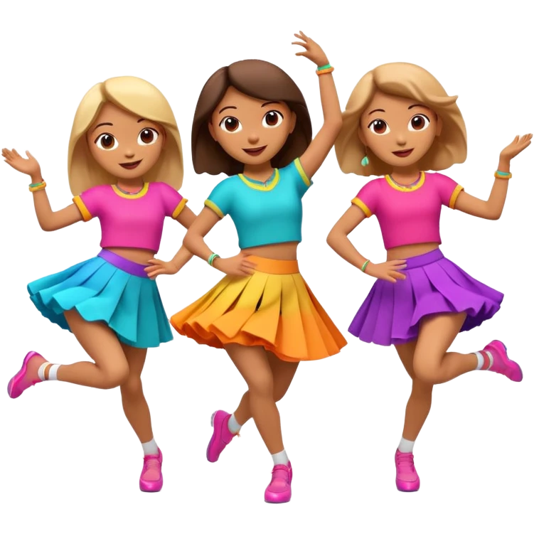 Three 3D cartoon dancers in colorful skirts kicking in rhythm, cheerful pose, bright studio background, Memoji-style. emoji
