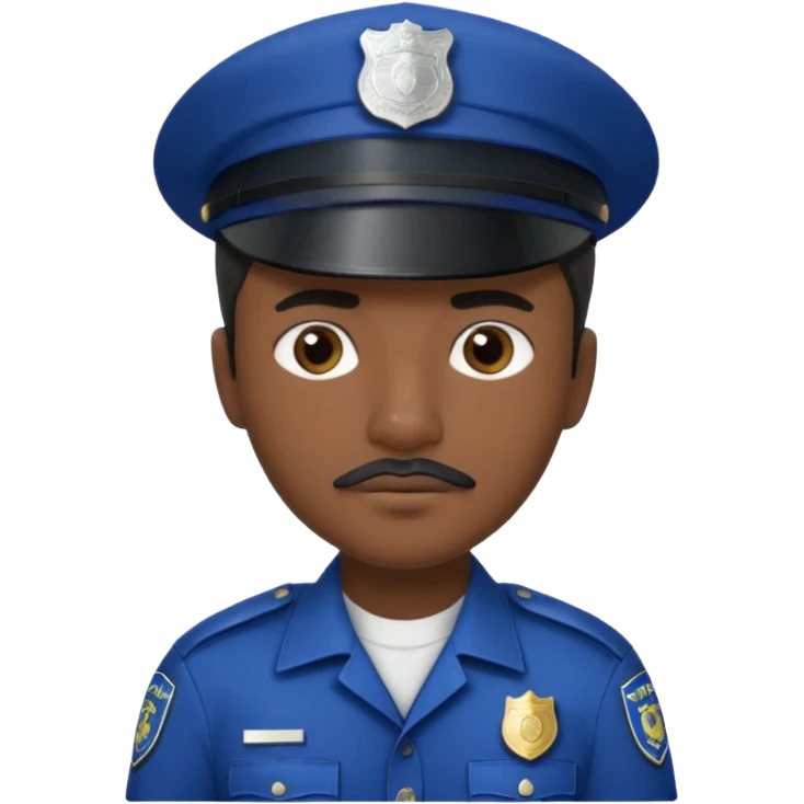A police officer with dark skin tone, wearing a dark blue police cap with a silver badge in the center, short black hair mostly covered by the cap, large brown eyes, a small black mustache, and a neutral expression. emoji