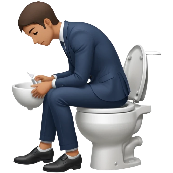 Man siting in a toilet bowl head down hands on the knee the side side view and dress emoji