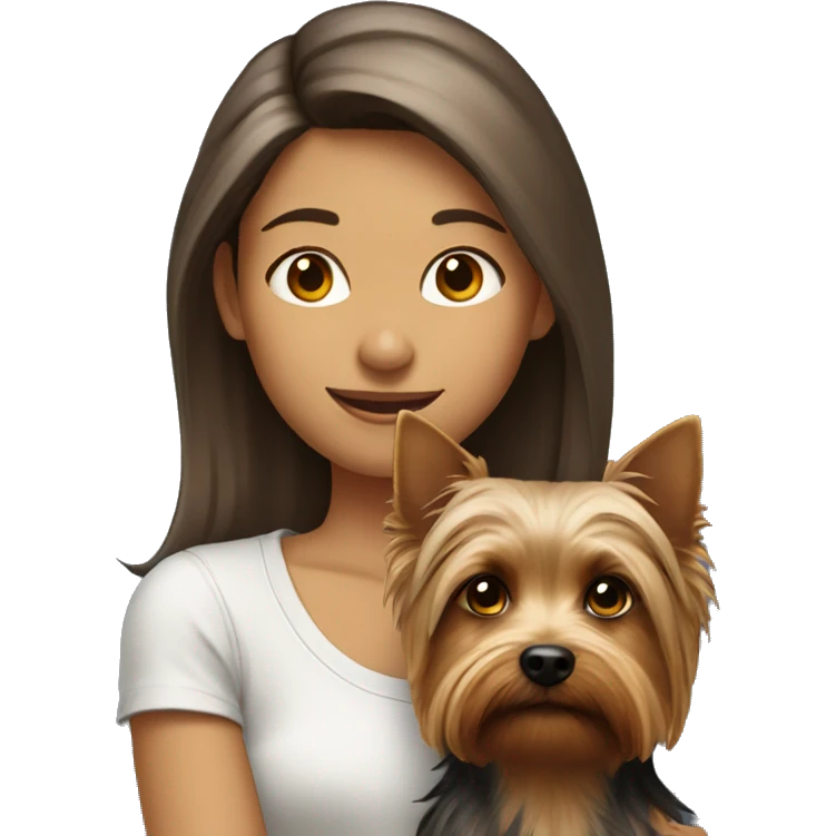 Girl with brown hair is holding a Silky terrier dog  emoji