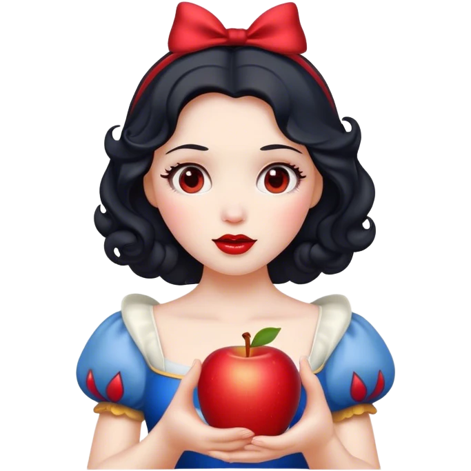 Cinematic Elegant Snow White Portrait Emoji, Delicately holding a red apple, eyes glimmering with mystery, soft curls perfectly placed, her royal presence glowing with a warm, enchanting charm! emoji