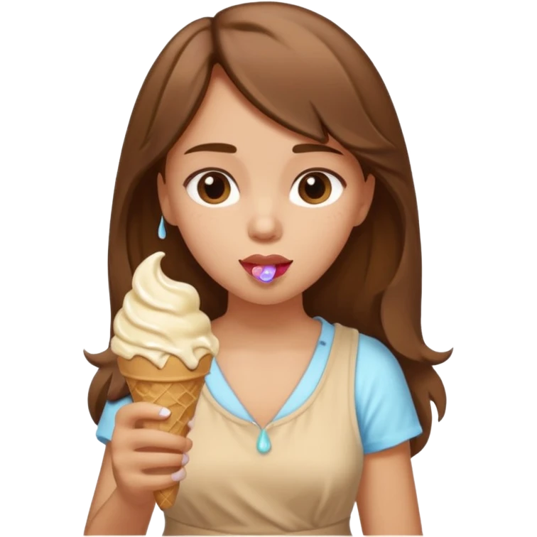 Un fille  brune au vêtement  beige qui mange une glace emoji