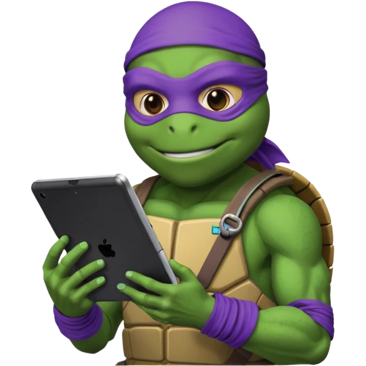 Donatello from Teenage Mutant Ninja Turtles, emoji style, holding a tablet with a hacking screen and a tech gadget emoji