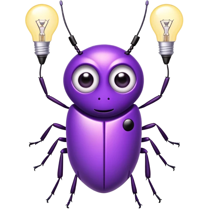 cute purple optiwatt bug with lightbulb antenna, big eyes, and a fun expression emoji