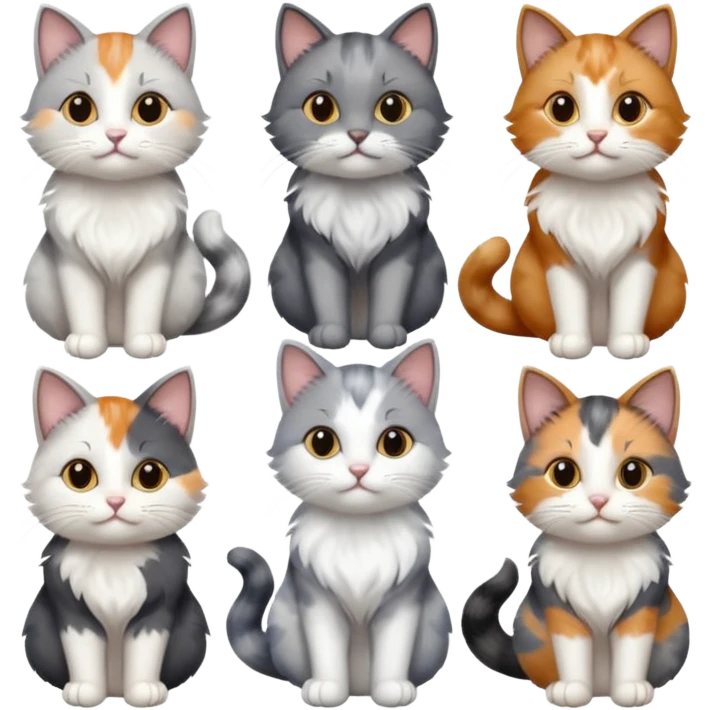 6 realistic looking cats with different natural coloured coats, assorted grey and white, greys, calico, brown and white colours etc
 emoji