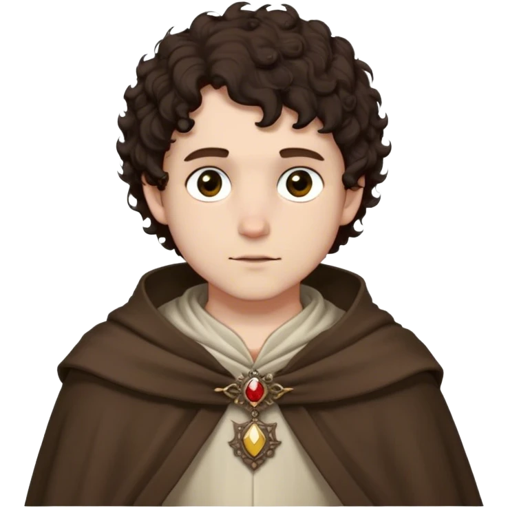 medieval spring outfit worn by a DnD themed fantasy male character. thin wool tunic with a light cloak draped over one shoulder, secured by a wooden brooch. clothes only above the waist. The clothes full waist. The character's haven't arms. character is white-skinned, dark brown hair, hazel eyes, short curly hair. emoji