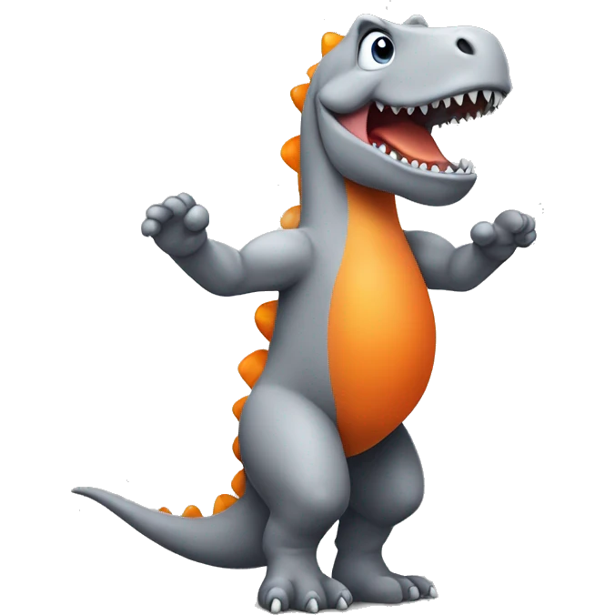 A grey Dino standing on his two feet with his arms in the air and he has a orange belly emoji