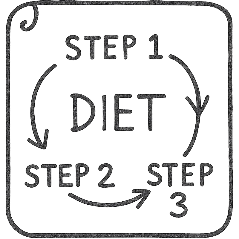 step 1, step 2 and step 3 of a diet connected with arrows, pen drawing style schematic on a white paper sheet hyperrealistic, isolated on white background emoji
