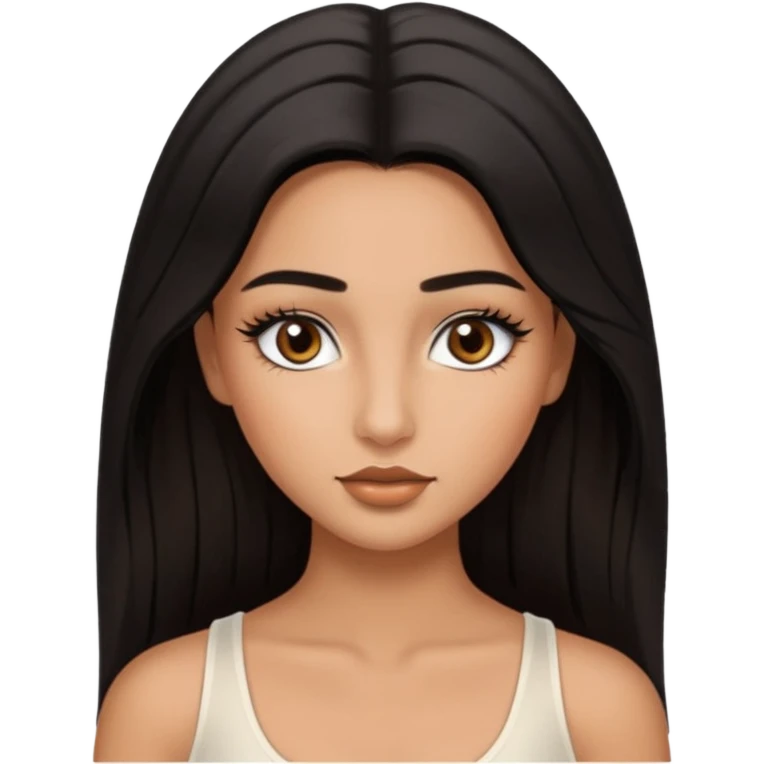A girl, who has long black styled silk hair, tan skin. almond brown eyes that has black long lashes, small nose and full lips. and a bit of makeup like bronzer. and wearing a white tight top. long black lashes and medium arched brows. looks like a baddie. emoji