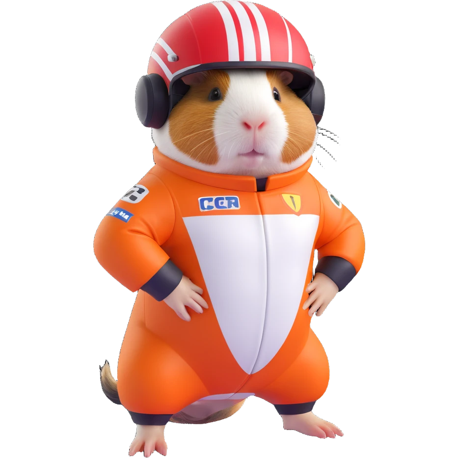 guinea pig in a Formula 1 racing suit and helmet, full body, sporty and energetic, racing theme emoji