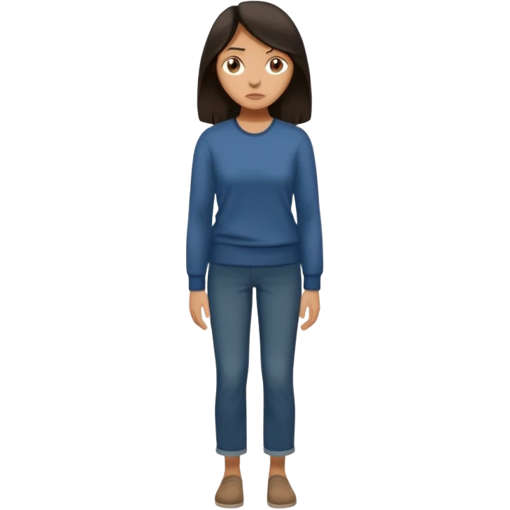 "Cartoon emoji of a woman with long, loose dark hair, wearing plain, simple clothes. Full-height, standing, nervous, unsure, worried expression. Slightly hunched, anxious posture. Smooth, simple, stylized." emoji