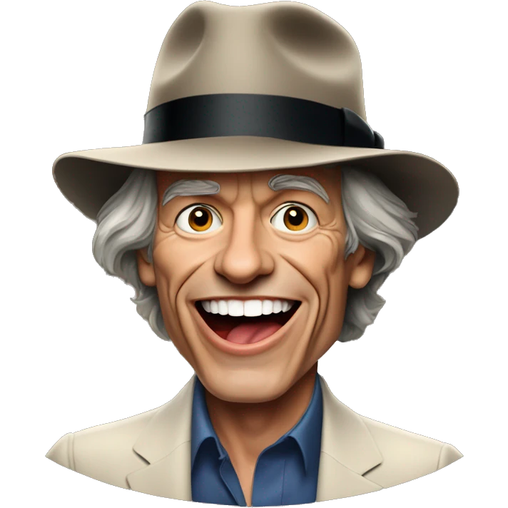 Round but thin face, cigarette in the corner of Mick Jagger's mouth with a malicious smile. Panama hat, neckerchief and rich guy look. emoji