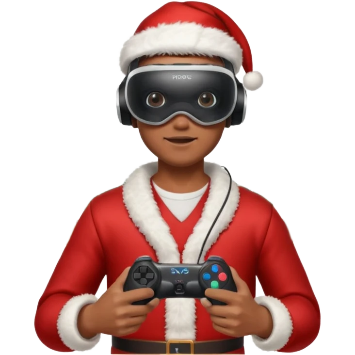 Homme photographe noir, week-end détente, équipé d’un appareil photo pro. Dans un décor Noël chaleureux, Père Noël à côté, sapin illuminé, lumières douces. L’homme porte un casque VR autour du cou ou sur la tête, et une manette PS 2025 dans la main libre. Ambiance festive, réaliste, couleurs nettes emoji