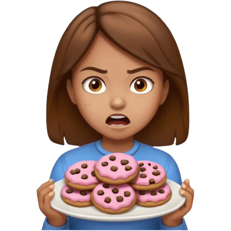 Angry girl brown hair that’s eating a plate of cookies emoji