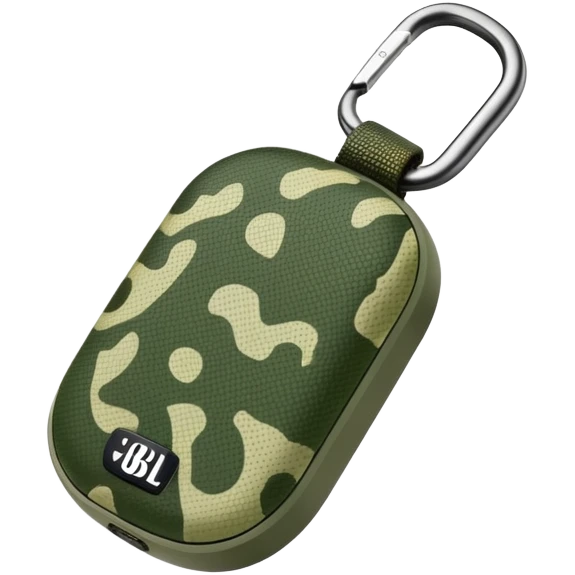 Super simplified JBL Clip 4 speaker, abstract oval shape with tiny carabiner and minimal green camo dots, iOS emoji style emoji