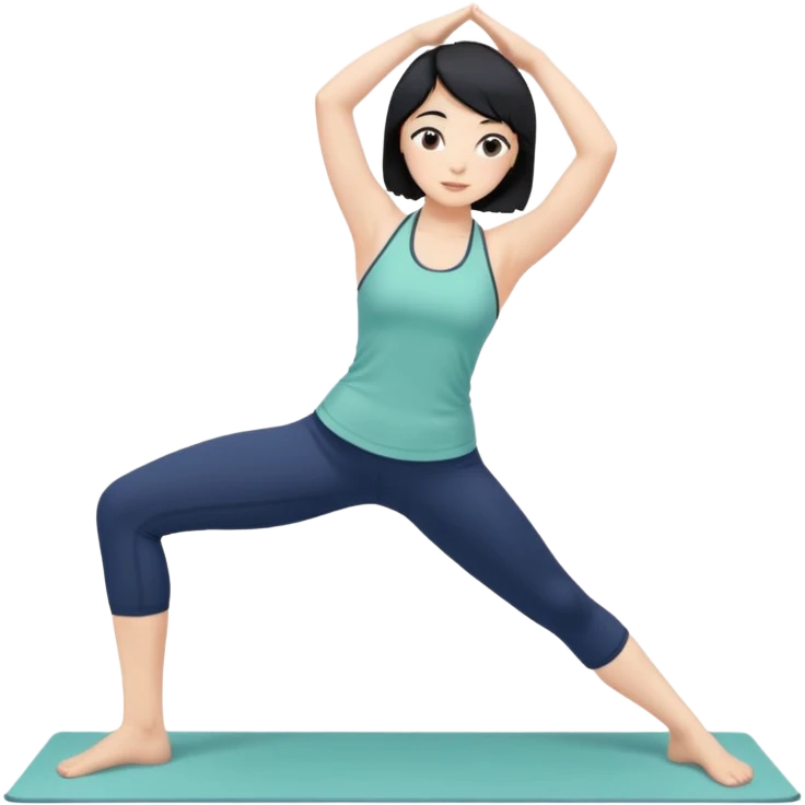 키는 작은편이고 앞머리 없는 단발머리야. 옆머리는 있고 요가를 좋아해. 남색 홀터넥을 많이 입고 민트색 요가바지를 자주 입어. 머리색은 검정색이고 하타요가를 좋아해 emoji