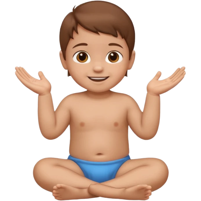 A smiling baby with brown hair, sitting down, moving its arms and hands. emoji