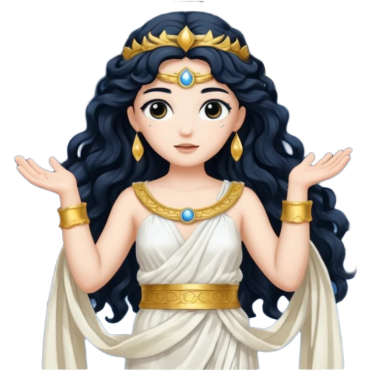 Luna, Goddess of Moon from Roman Deities with long black wavy hair, white sequin toga  emoji
