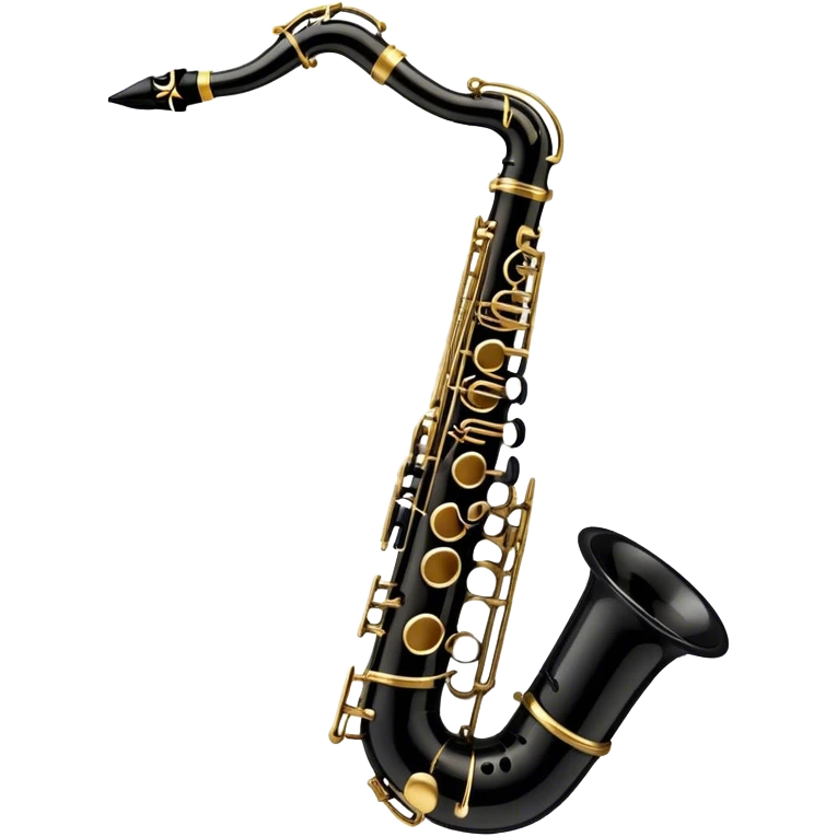 Create a detailed and unique emoji representing a black clarinet with a saxophone-style mouthpiece. The design should feature the sleek, dark wood finish of the clarinet, with its shiny metal keys clearly visible, but at the top, include the large, curved mouthpiece typical of a saxophone. The mouthpiece should have a reed, similar to the one used in a saxophone, with subtle details to indicate its function. Use dark wood tones for the body of the instrument and silver or brass accents for the keys. Add small musical notes or soundwaves around the instrument to evoke its smooth, melodic sound. The background should be transparent emoji