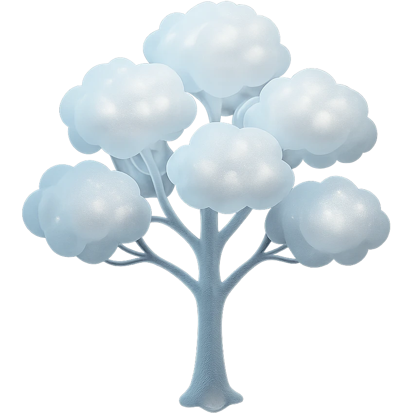 one tree with many branches and a white trunk, crown made of small very bright white fluffy convex clouds, matte glass style emoji