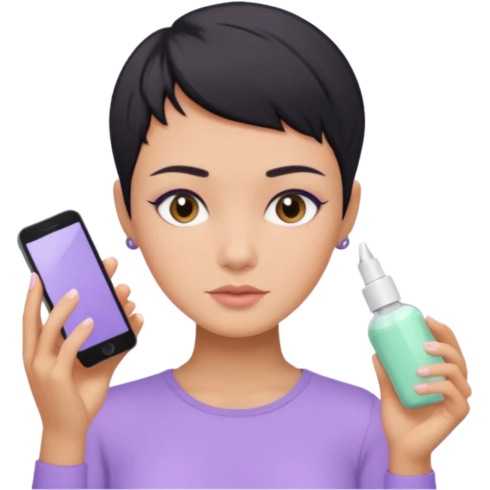 tan girl with pastel purple shirt with black hair & a pixie, doing her skin care emoji