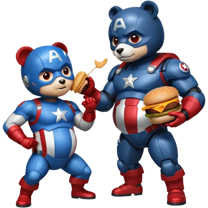 Pregnant captain America eating a hamburger while fighting a half panda half robot  emoji