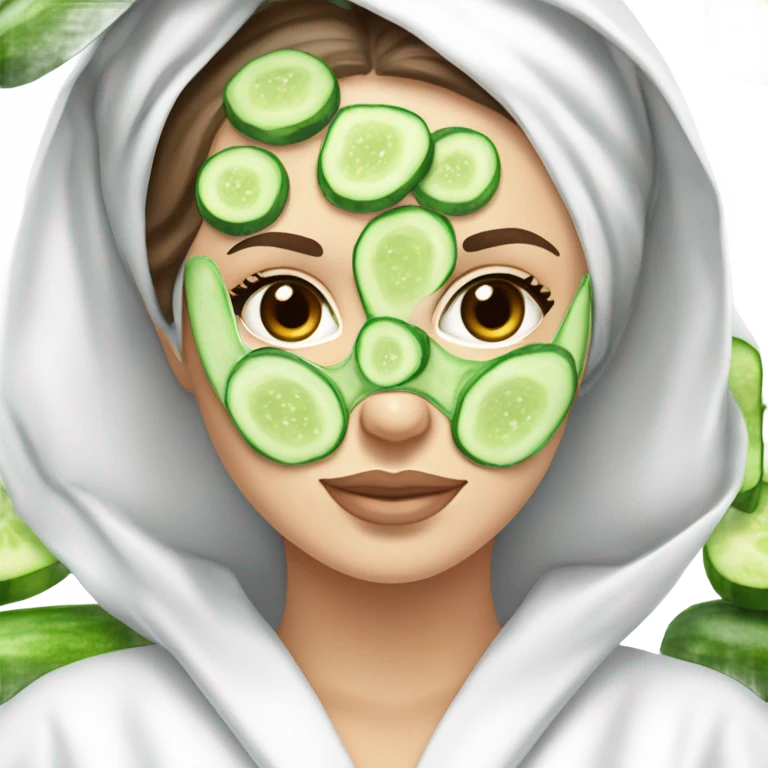 White girl with Brown hair and blue eyes wears a Green colored skincare clay textured mask and puts on cucumbers around her eyes while She relaxes in her white Robe emoji