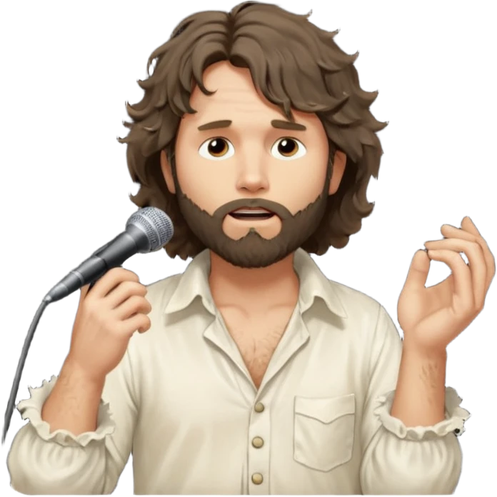 solarpunk realistic ultra HD - pensive, messy, shaggy, bearded Jim Morrison in an ivory Victorian shirt, in an ecstatic dramatic pose, singing on stage emoji