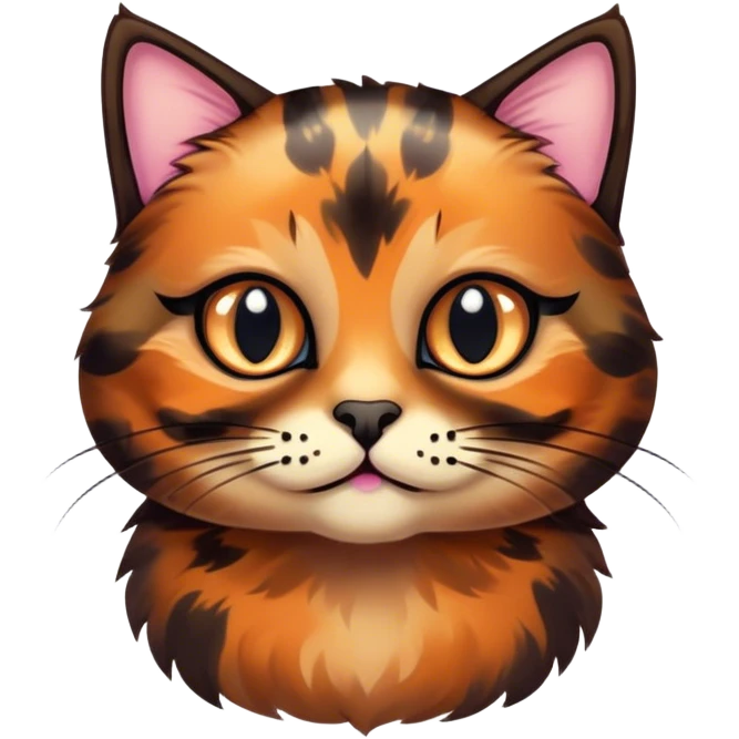 Cinematic Cute Tortoiseshell Cat Portrait Emoji, Head cocked sweetly with bright, curious eyes and a cuddly, mottled fur of rich browns and blacks, simplified yet charmingly adorable, highly detailed, glowing with a warm, gentle radiance, high shine, playful and endearing, styled with a dash of whimsical feline magic, soft glowing outline, capturing the essence of a cute tortoiseshell cat that seems ready to pounce with affectionate mischief! emoji