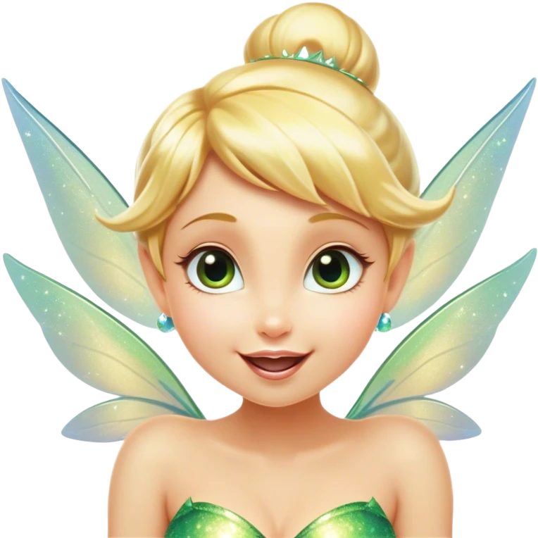 Cinematic Realistic Blonde Tinker Bell Fairy Portrait, head tilted dramatically with an exaggeratedly amused expression, featuring a striking, lively pixie form with radiant golden blonde hair and luminous, iridescent wings dusted with playful sparkles. Her expressive eyes brim with cheeky mischief, rendered with vibrant, lifelike textures and dynamic natural lighting that imbues the scene with an air of magical whimsy and over‐the‐top fairy fun. emoji