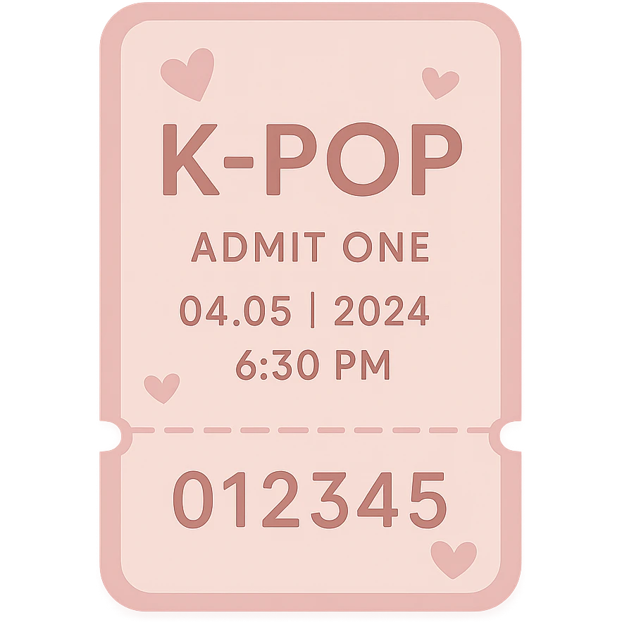 pink kpop ticket stub with hearts, stylish emoji