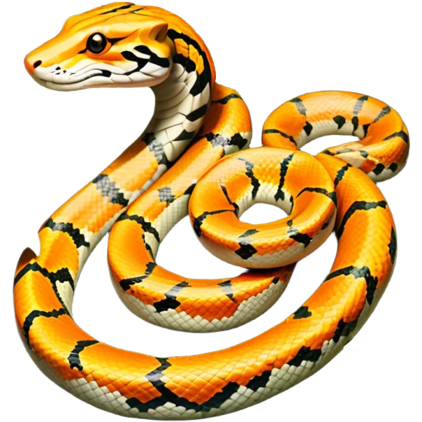 Tiger python coiled up on the ground, blending with the dense jungle foliage. Its distinct orange and black stripes stand out against the vibrant green of leaves and plants. Sunlight filters through the trees, highlighting the snake's patterned scales. Transparent background. emoji