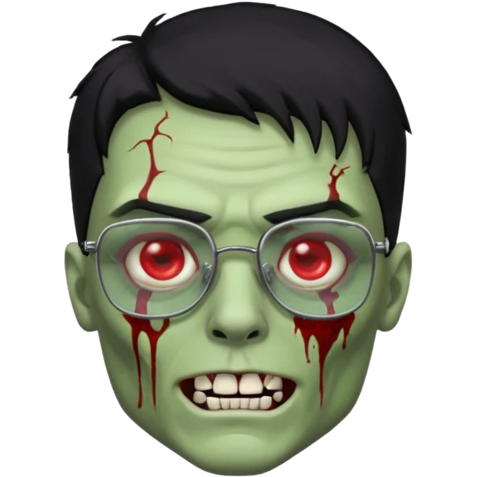 homem zumbi de óculos cabelo preto com muita olheira deixar pele dele verde dentes brancos e olhos vermelhos e ensanguentados deixar óculos quadrado e preto e olhos cheio de veias vermelhas e encher o rosto de piercings colocar piercing em todo rosto piercing prata emoji