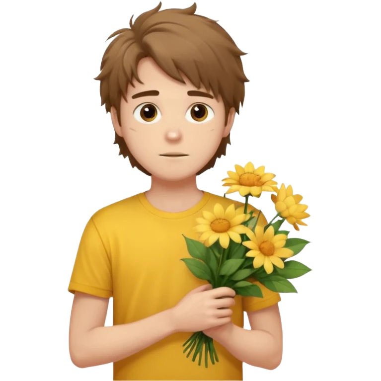 generate an ios genmoji of a 20 year old fair boy with brown long and messy hair with light beard on cheeks. carrying a flower bouquet, wearing a yellow tshirt, looking shy.  emoji
