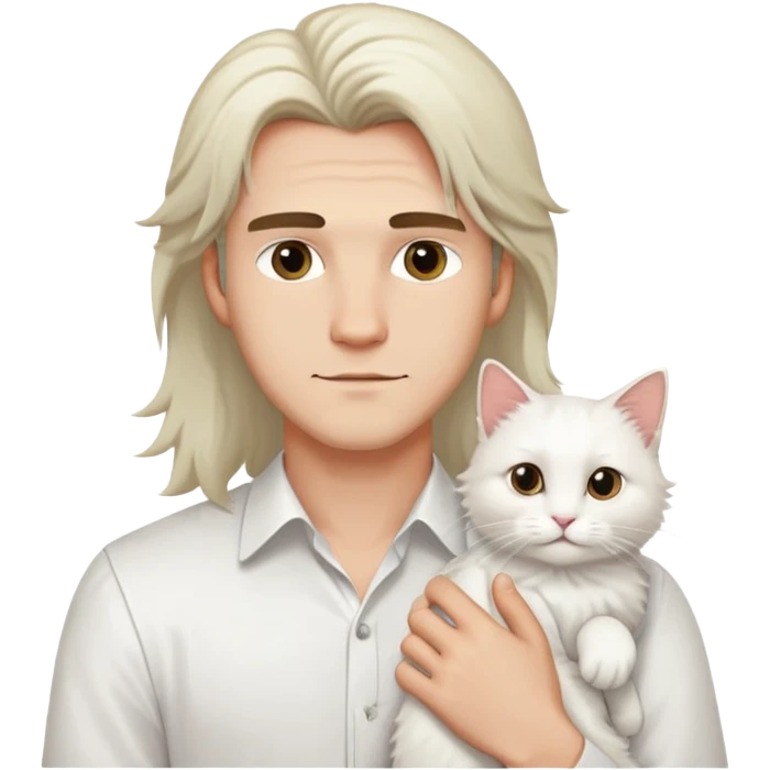 A young handsome Caucasian man in a white shirt holds a long-haired white cat emoji
