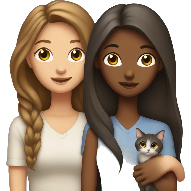Two long hair brunettes with two cats in hands emoji