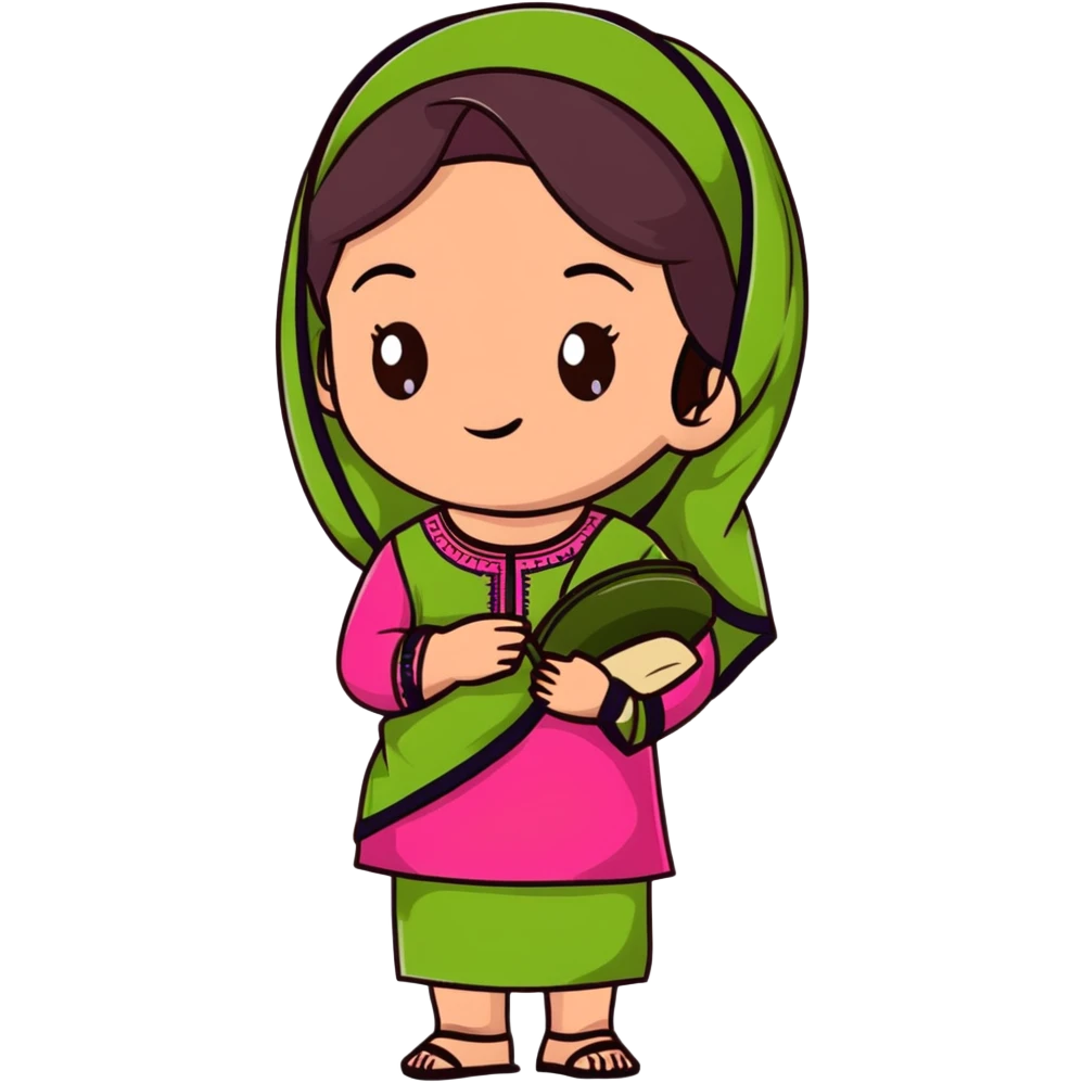 girl with light wheatish skin, dark brown hair, wearing dark pink kurti with sage green dupatta on head emoji