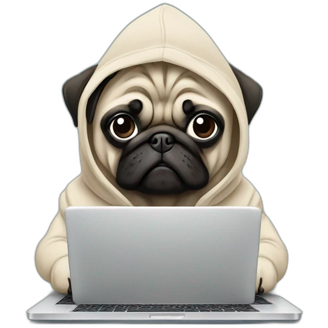 Pug wearing a hoodie and using a laptop emoji