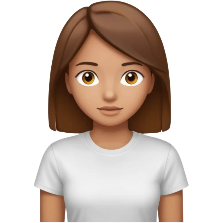 Chica de pelo liso y marrón con ojos color marrón claro y una camiseta blanca emoji