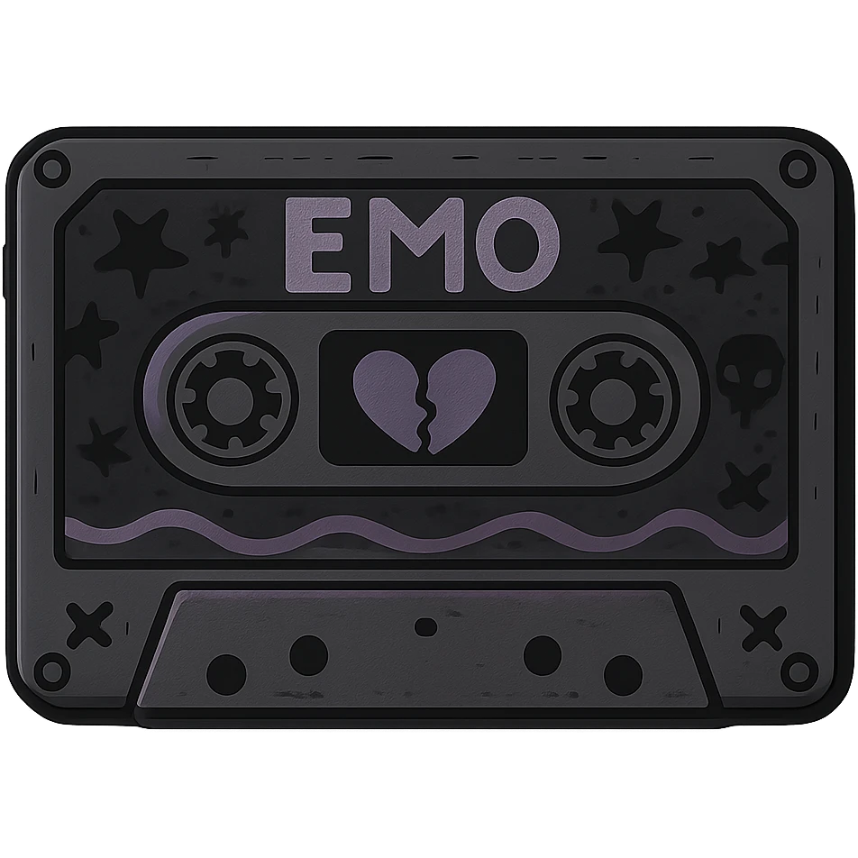 emo music cassette, black and purple emoji