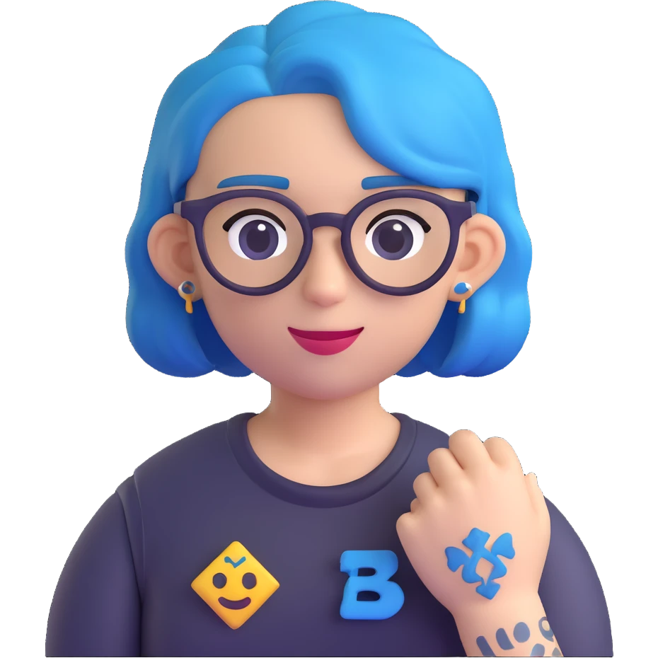 person with blue hair, glasses, and a visible tattoo, 3D emoji style emoji