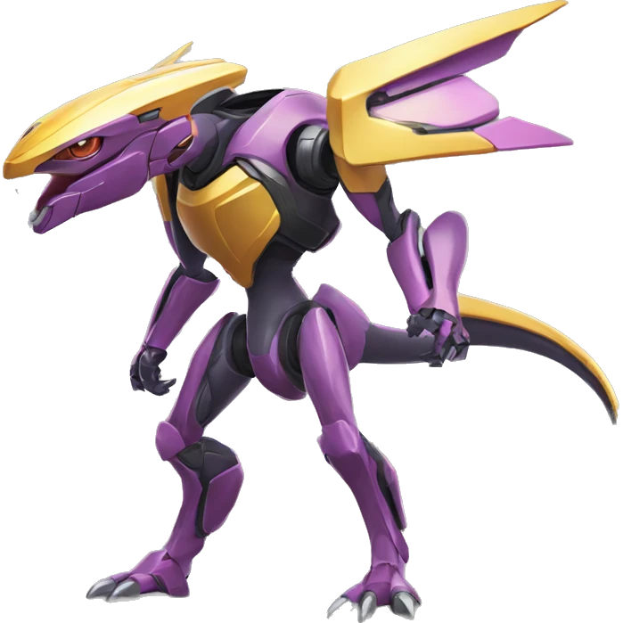 a shiny Genesect-Raptor-Fakémon—hybrid with a futuristic visor-helmet full body emoji