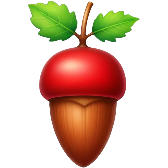 A vibrant red acorn with a glossy finish, featuring a small green leaf attached to the stem, set against a simple background to highlight its bold color and natural charm. emoji