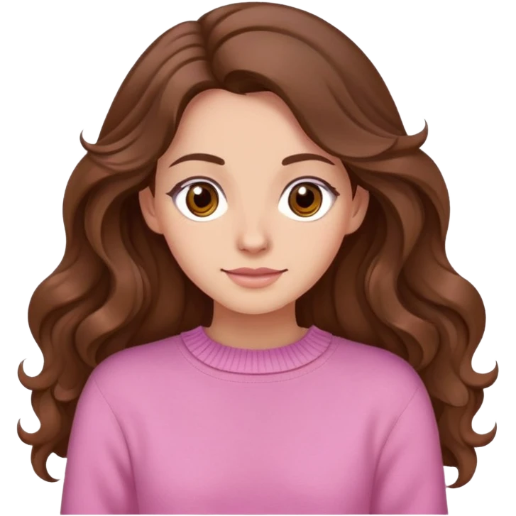 woman with long wavy brown hair, brown eyes, pink jumper emoji