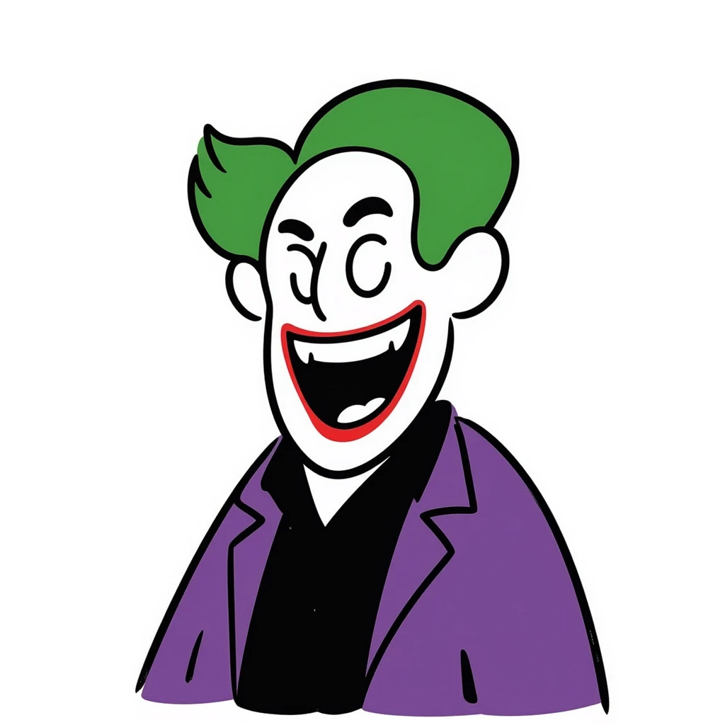 The Joker villain full body with green hair, purple suit, white face, red lips, maniacal laugh emoji