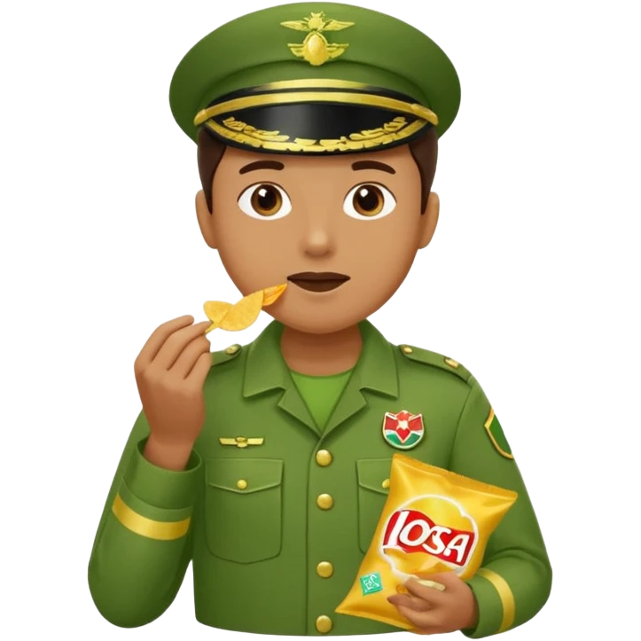 supermarket collegue wearing a green uniform and eating a packet of crisps no hat emoji